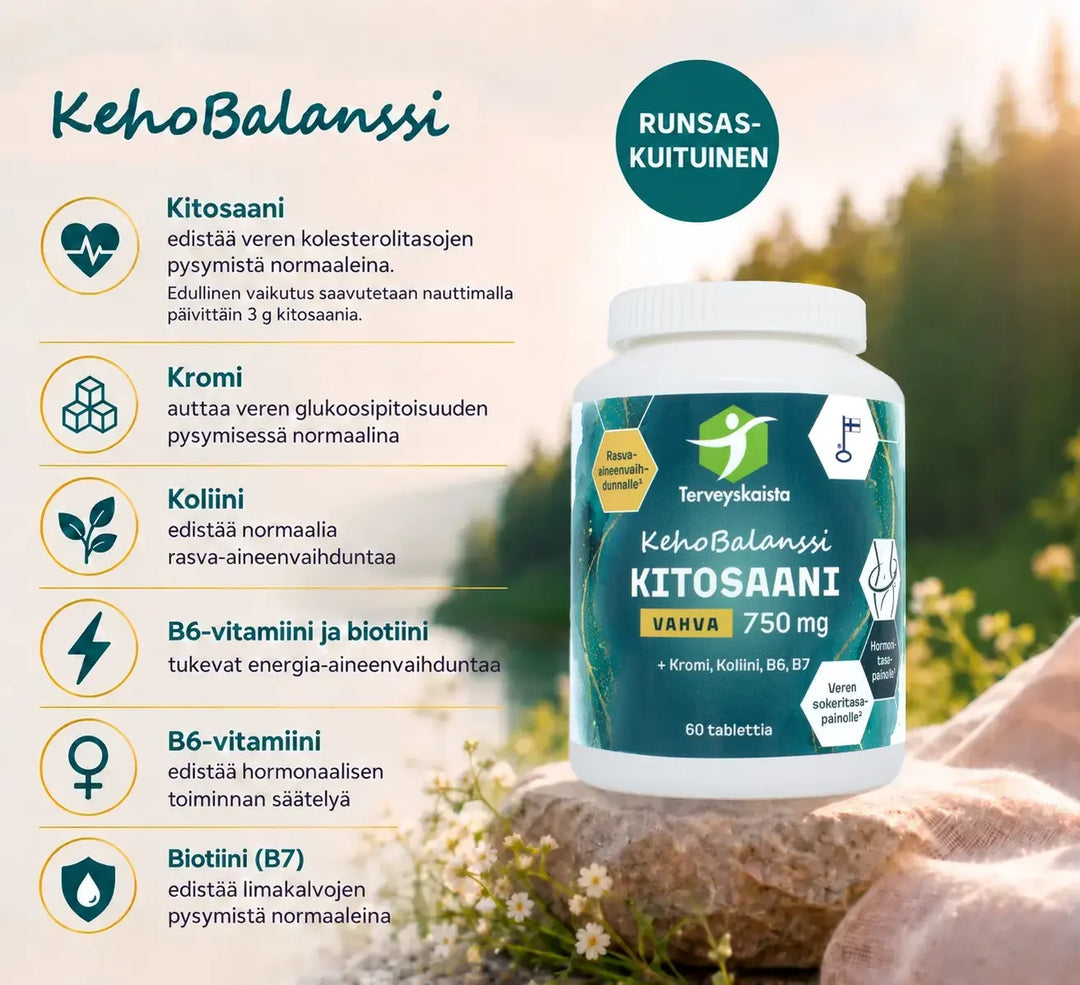 Terveyskaista KehoBalanssi Vahva Kitosaani 750 mg + Kromi + Koliini + B6 + B7 60 tabl