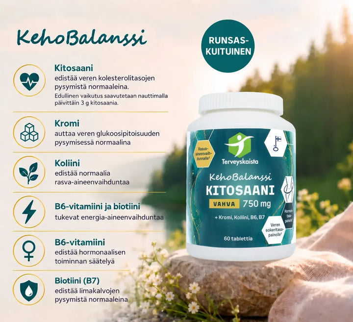 Terveyskaista KehoBalanssi Vahva Kitosaani 750 mg + Kromi + Koliini + B6 + B7 60 tabl