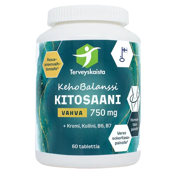 Terveyskaista KehoBalanssi Vahva Kitosaani 750 mg + Kromi + Koliini + B6 + B7 3 x 60 tabl