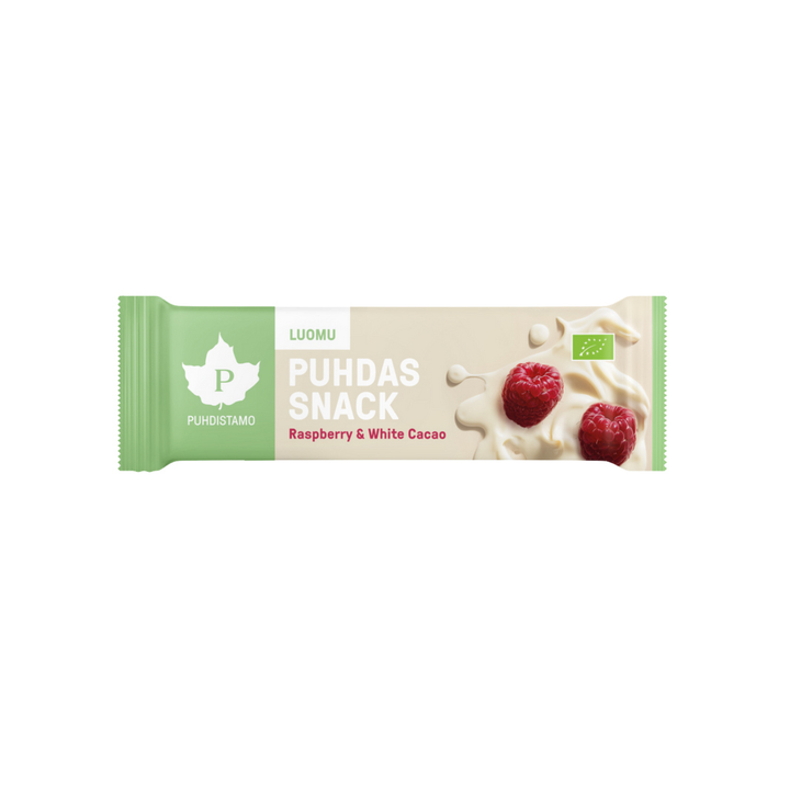Puhdistamo Puhdas Snack -patukka, Raspberry & White Cacao, Luomu, 40g