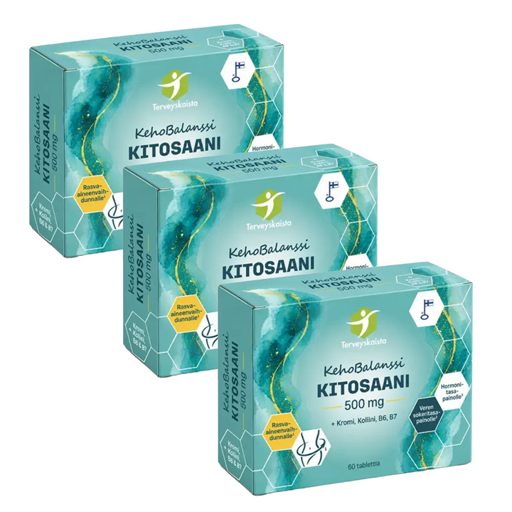 Terveyskaista KehoBalanssi Kitosaani 500 mg + Kromi + Koliini + B6 + B7 3 x 60 tabl
