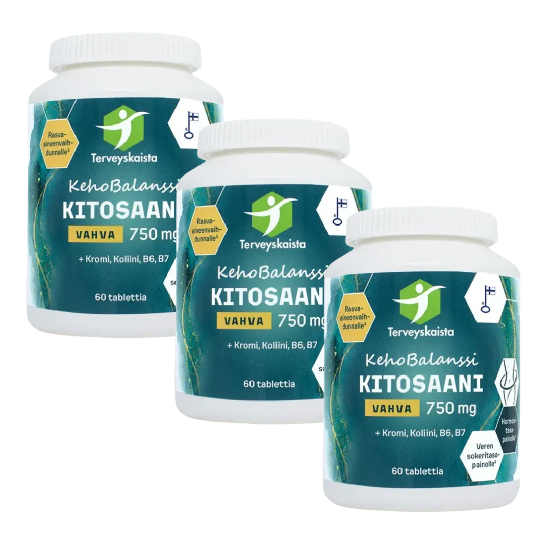 Terveyskaista KehoBalanssi Vahva Kitosaani 750 mg + Kromi + Koliini + B6 + B7 3 x 60 tabl