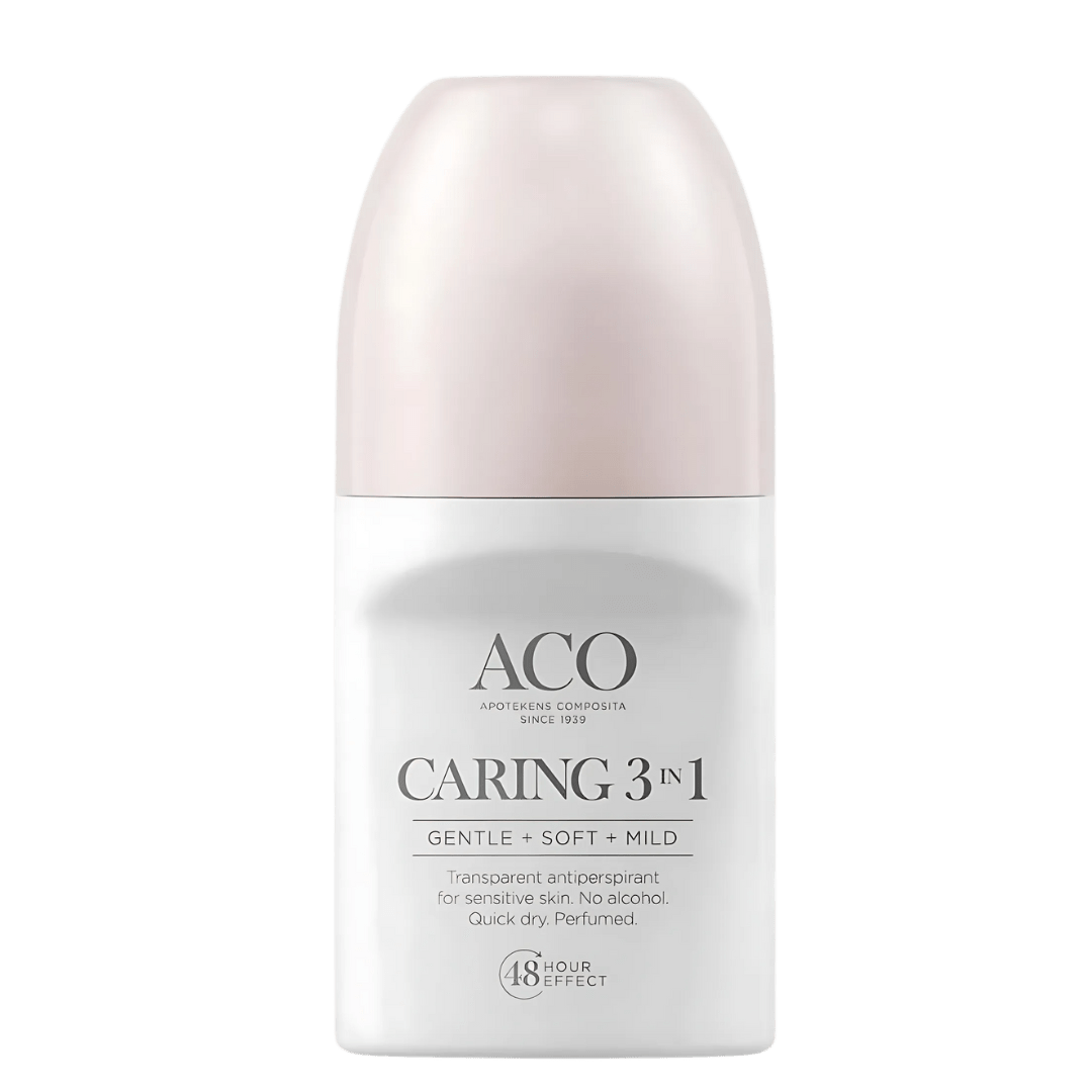 Tehokas ja hoitava Aco Body Deo Caring 3 In 1 Hajustettu antiperspirantti herkälle iholle