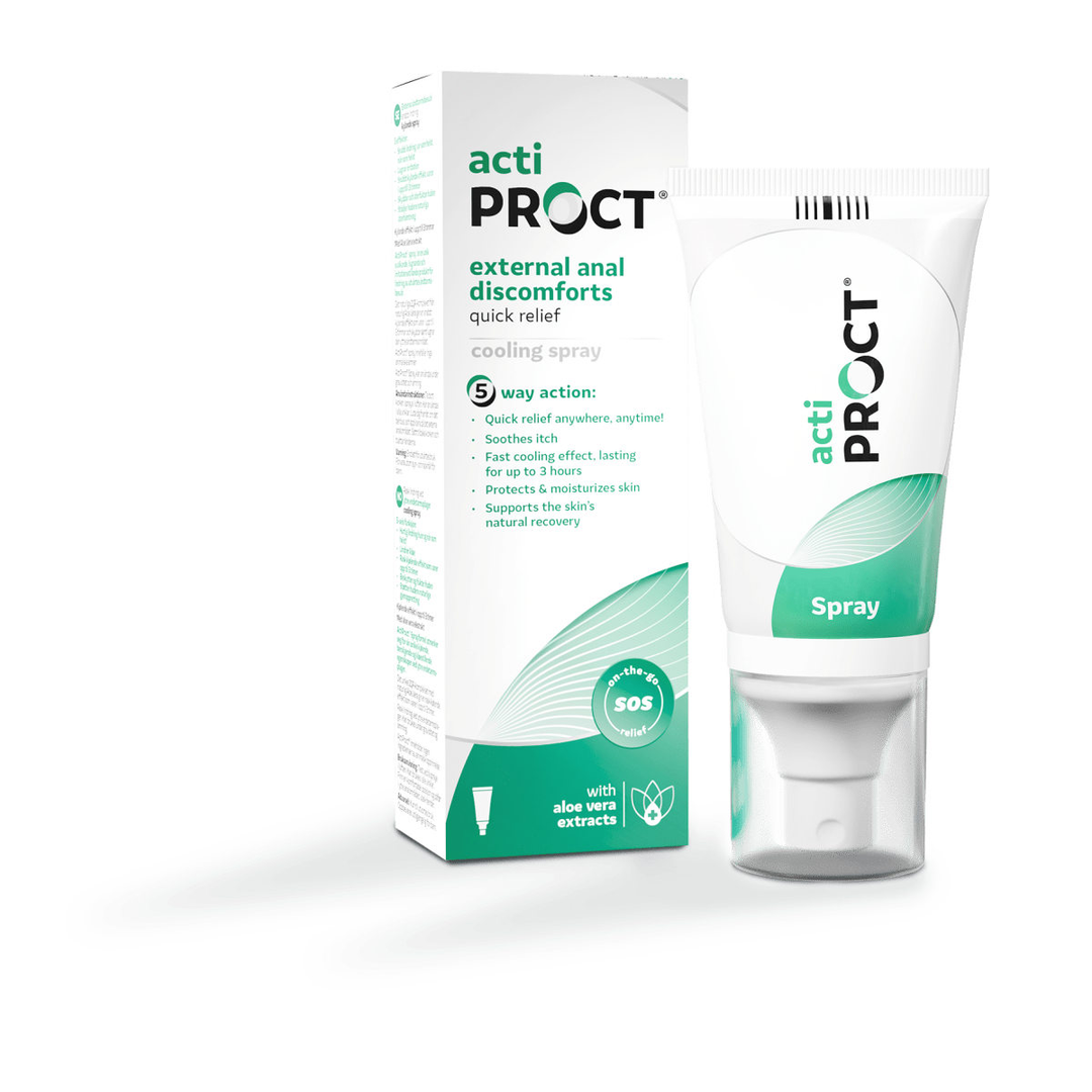 Kuva ActiProct Spray 50 ml:sta, joka on tarkoitettu peräpukamien hoitoon ja lievitykseen