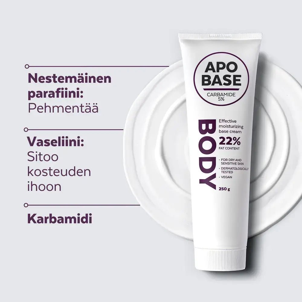 Apobase Carbamide 5 % Emulsiovoide - Sisältää karbamidia ja glyserolia kosteuden haihtumisen vähentämiseen