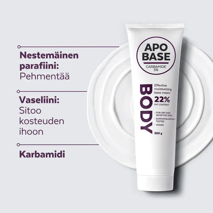 Apobase Carbamide 5 % Emulsiovoide - Sisältää karbamidia ja glyserolia kosteuden haihtumisen vähentämiseen