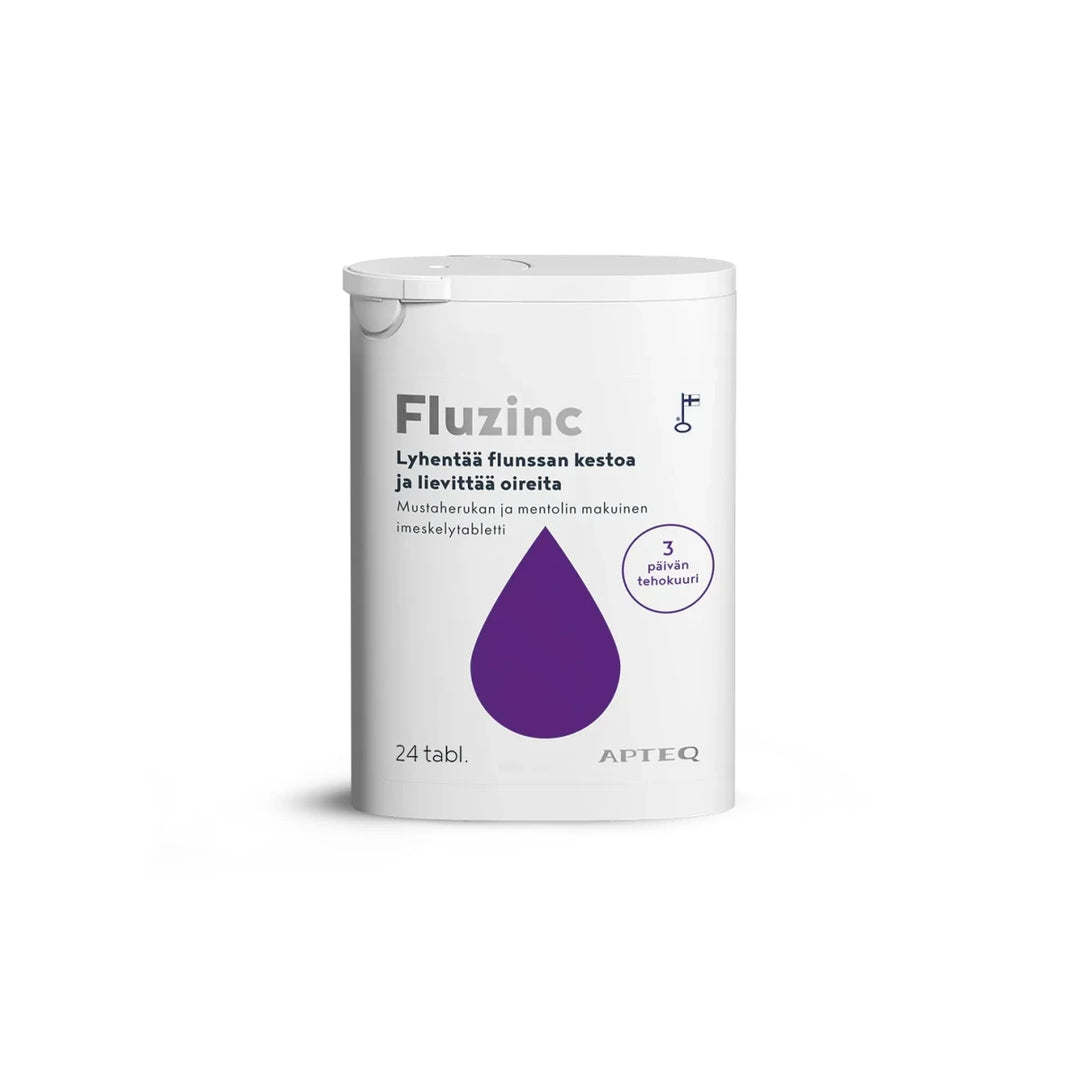 Apteq Fluzinc Mustaherukka, 24 tabl ja 72 tabl - Apteekki 360 Helsinki - Verkkoapteekki