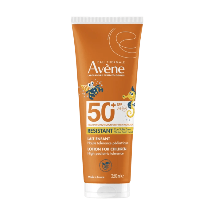 Avene Sun Lotion Children SPF50+ 250 ml -aurinkovoide lapsille suojaa erittäin tehokkaasti auringon UVA ja UVB-säteiltä, sisältää rauhoittavia ainesosia ja sopii herkkäihoisille lapsille