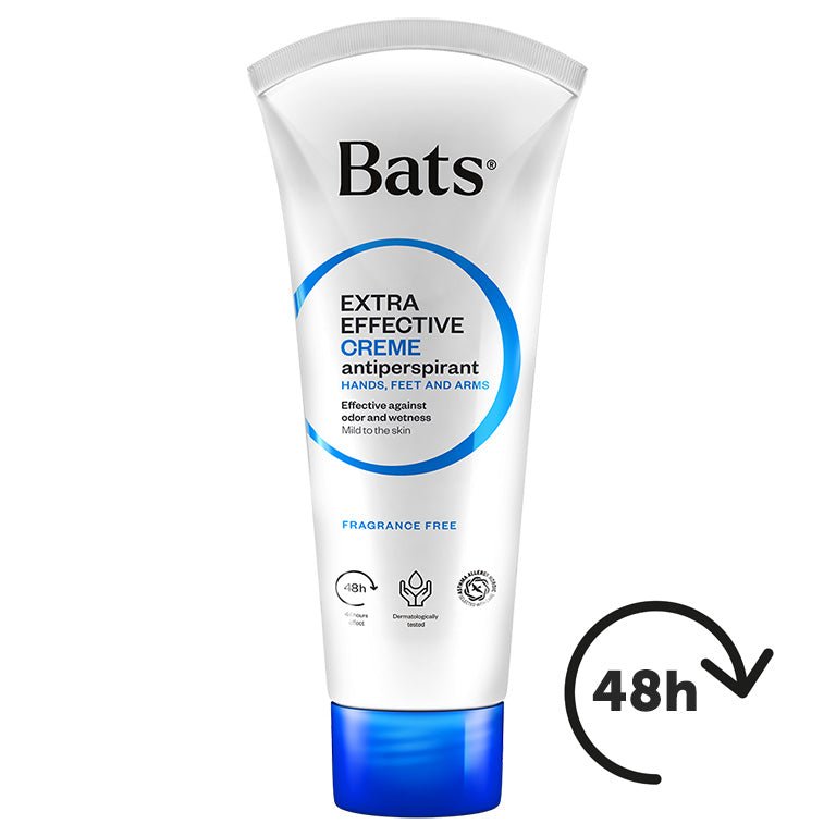 Kuva Bats Creme -antiperspiranttivoiteesta, joka estää tehokkaasti hikoilua ja sopii herkälle iholle, pakattuna tuubiin helposti levittämistä varten