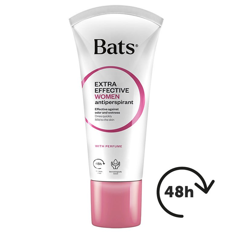 Bats Roll-On Naisten antiperspirantti, tehokas ja nopeasti kuivuva, sisältää alumiinisuoloja, sopii herkälle iholle, raikas naisellinen tuoksu, ei sisällä säilöntä- tai väriaineita