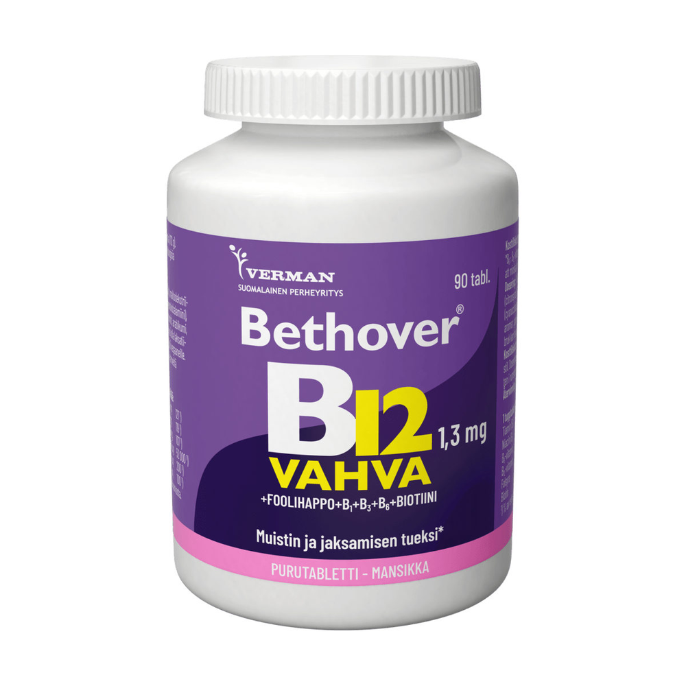 Close-up of Bethover Strong B12 Mansikka supplement bottle with strawberry flavor