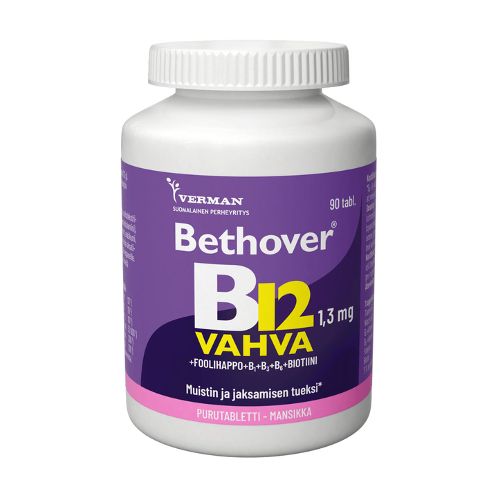 Close-up of Bethover Strong B12 Mansikka supplement bottle with strawberry flavor