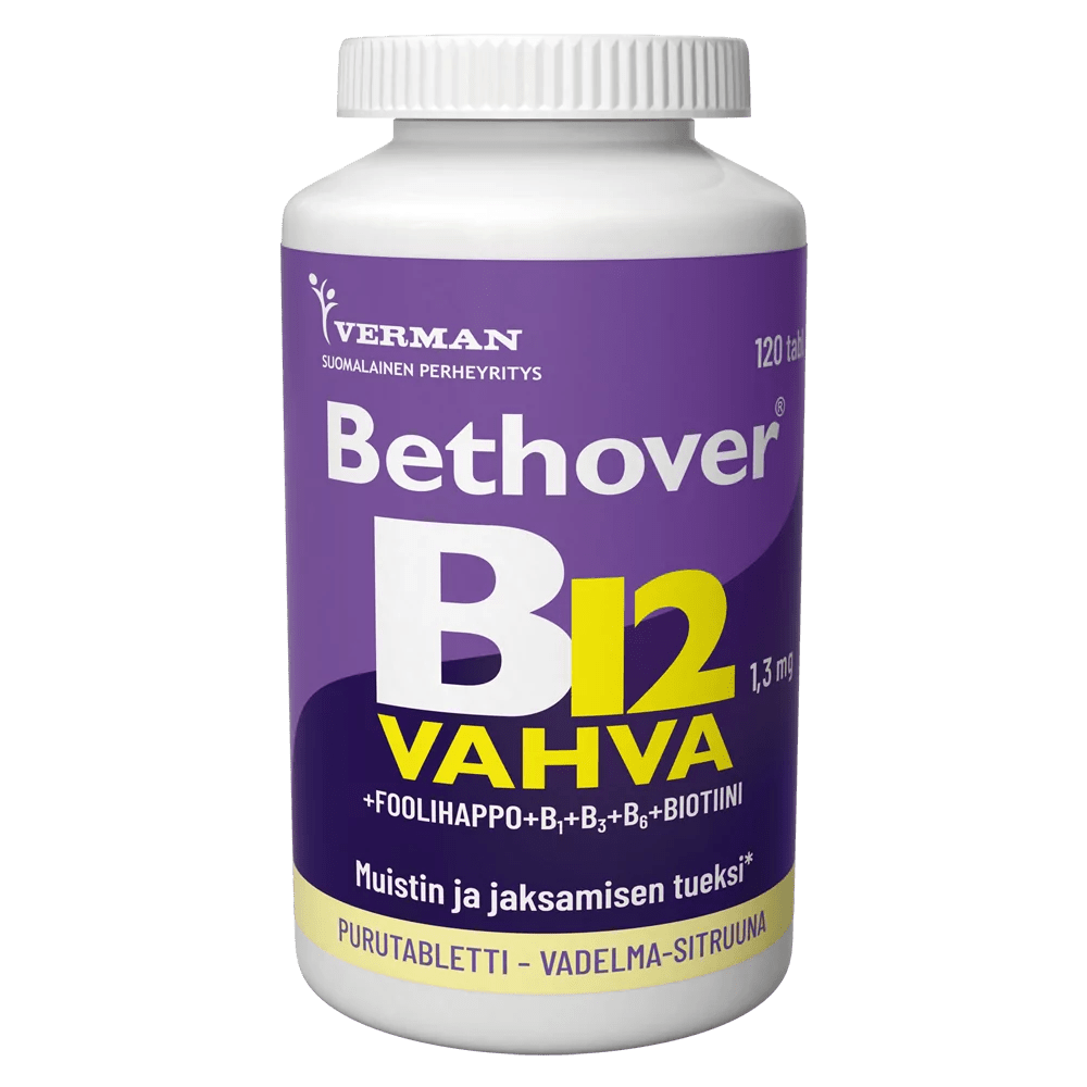 Vadelma-sitruuna-makuiset Bethover Strong B12 -vitamiinipurutabletit 
