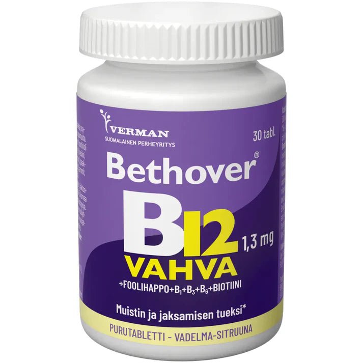  Kaksi purkkia Bethover Strong B12 Vadelma-Sitruuna -vitamiinipurutabletteja