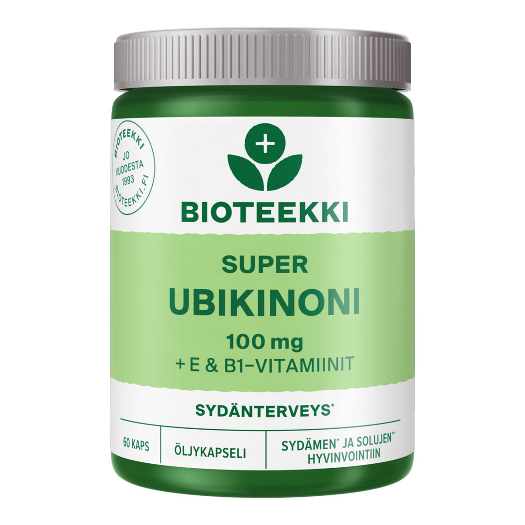 Tuote Bioteekki Super Ubikinoni Q10 - vahva ja monipuolinen ubikinonivalmiste, joka sisältää B1-vitamiinia ja luontaista E-vitamiinia tukemassa ubikinonin toimintaa, edistäen sydämen normaalia toimintaa ja solujen suojaamista hapettumisstressiltä Sopii käytettäväksi yhdessä statiinien kanssa ja jatkuvaan käyttöön Gluteeniton, laktoositon, maidoton, sokeriton, ei sisällä säilöntäaineita