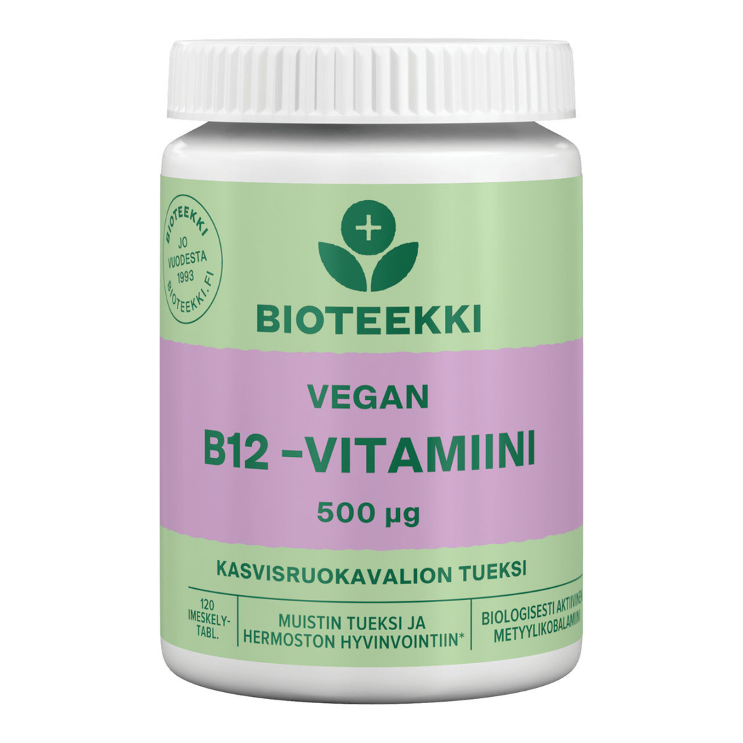 Kuva Bioteekki Vegan B12-Vitamiini -tuotteesta, joka on vegaaninen B12-vitamiinilisä