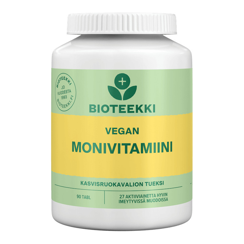 Kuva Bioteekki Vegan Monivitamiini 90 tabl -tuotteesta, joka sopii kasvissyöjille ja vegaaneille, sisältää monipuolisesti vitamiineja ja kivennäisaineita