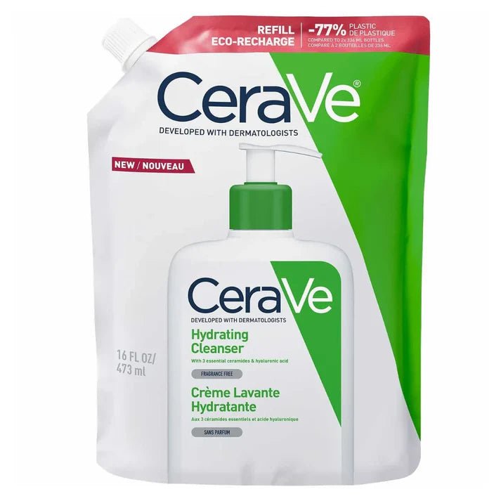 Kosteuttava CeraVe Hydrating Cleanser täyttöpakkaus 473 ml, ihon pehmeyteen ja raikkauteen tähtäävä kasvojen puhdistusnäyte