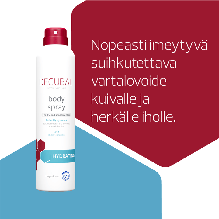 Decubal Hydrating Body Spray 200 ml kosteuttaa ja rauhoittaa kuivaa ihoa