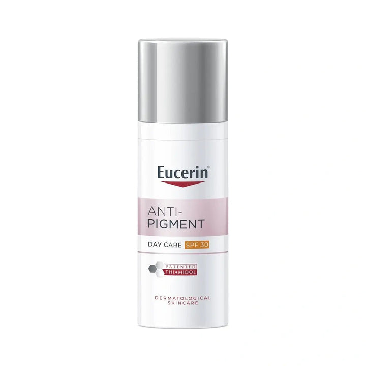 Eucerin Anti-Pigment Day Cream SPF 30 -päivävoide, joka vähentää hyperpigmentaatiota ja suojaa ihoa auringolta, sisältää Thiamidolia ja UVA- ja UVB-suojan (SPF 30)