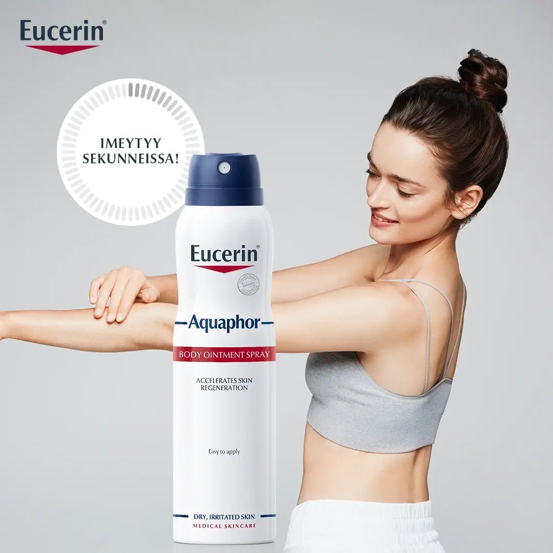 Eucerin Aquaphor Body Ointment Spray - Kuva 2: Tuotetta suihkutetaan tasaisesti iholle nopeaa uusiutumista varten
