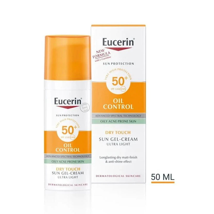 Eucerin Sun Gel-Cream Oil Control SPF 50+ ei jätä rasvaista tunnetta iholle, on erittäin kevyt, rasvaton ja tahmaamaton