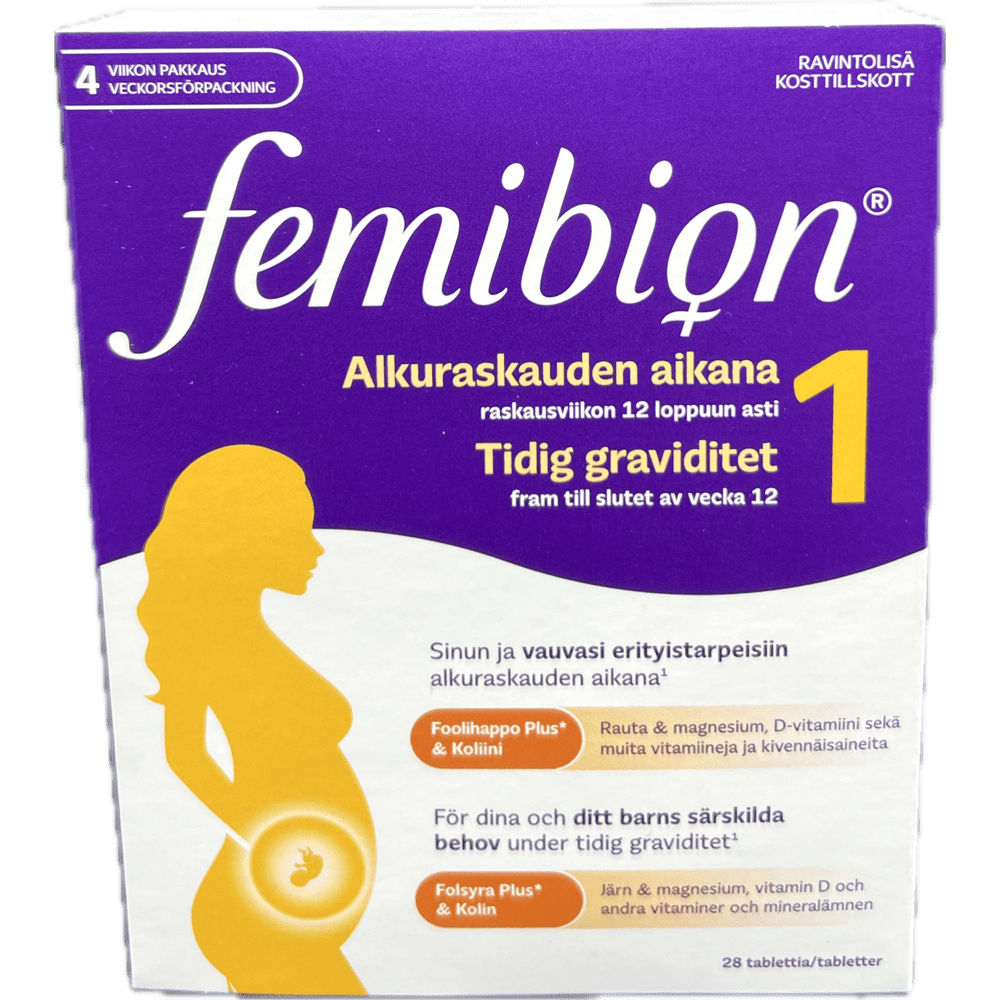 Tuotekuvaus: Femibion 1, Ravintolisä Alkuraskauteen 28 tabl - Monipuolinen vitamiinivalmiste raskautta suunnitteleville ja raskauden ensiviikoille, runsaasti foolihappoa, vitamiineja C, E, D ja B sekä jodia