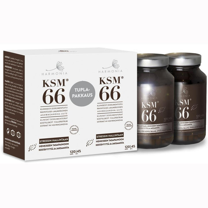 Harmonia KSM66 tuplapakkaus (2x120 kaps) - Luonnollinen stressinhallintavalmiste kahden pakkauksen kokoina, yhteensä 240 kapselia