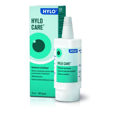 Kuva HYLO-Care Silmätippa 10 ml: n pakkauksesta, joka on suunniteltu helpottamaan keskivaikeita silmäoireita, kuten kuivuutta ja ärsytystä