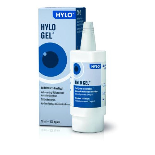 Kuva HYLO-Gel Silmätippa 10 ml -tuotteesta, joka on kosteuttava ja pitkävaikutteinen silmätippa kuivan silmän hoitoon