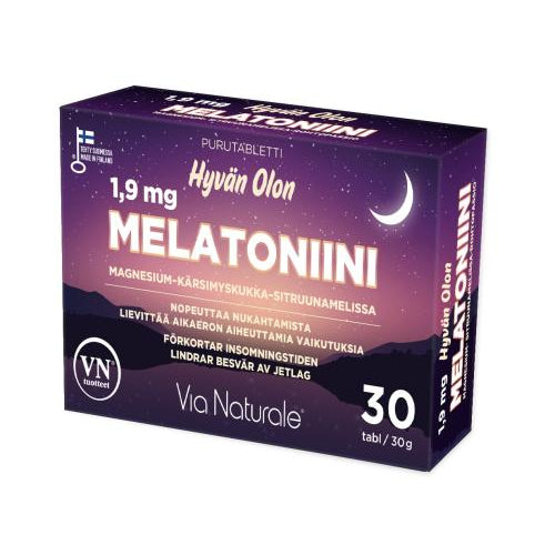 Hyvän Olon Melatoniini 1,9 mg, Magnesium-Kärsimyskukka-Sitruunamelissa tabletti 30 kpl - Luonnollinen unilääke melatoniinilla, magnesiumilla, kärsimyskukalla ja sitruunamelissalla