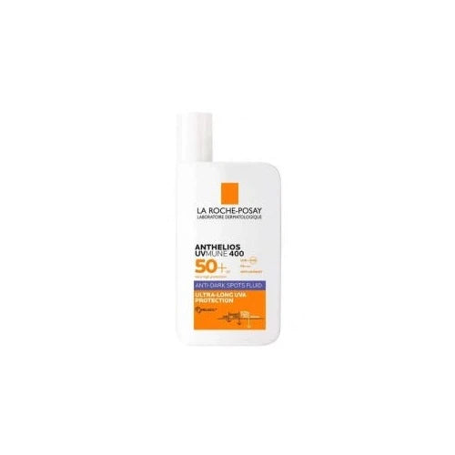 La Roche-Posay Anthelios UVMUNE Anti-Dark Spots SPF50+ 50 ml -tuotteen kuvassa on valkoinen 50 ml:n pullo, jonka etiketissä lukee tuotteen nimi ja ominaisuudet 