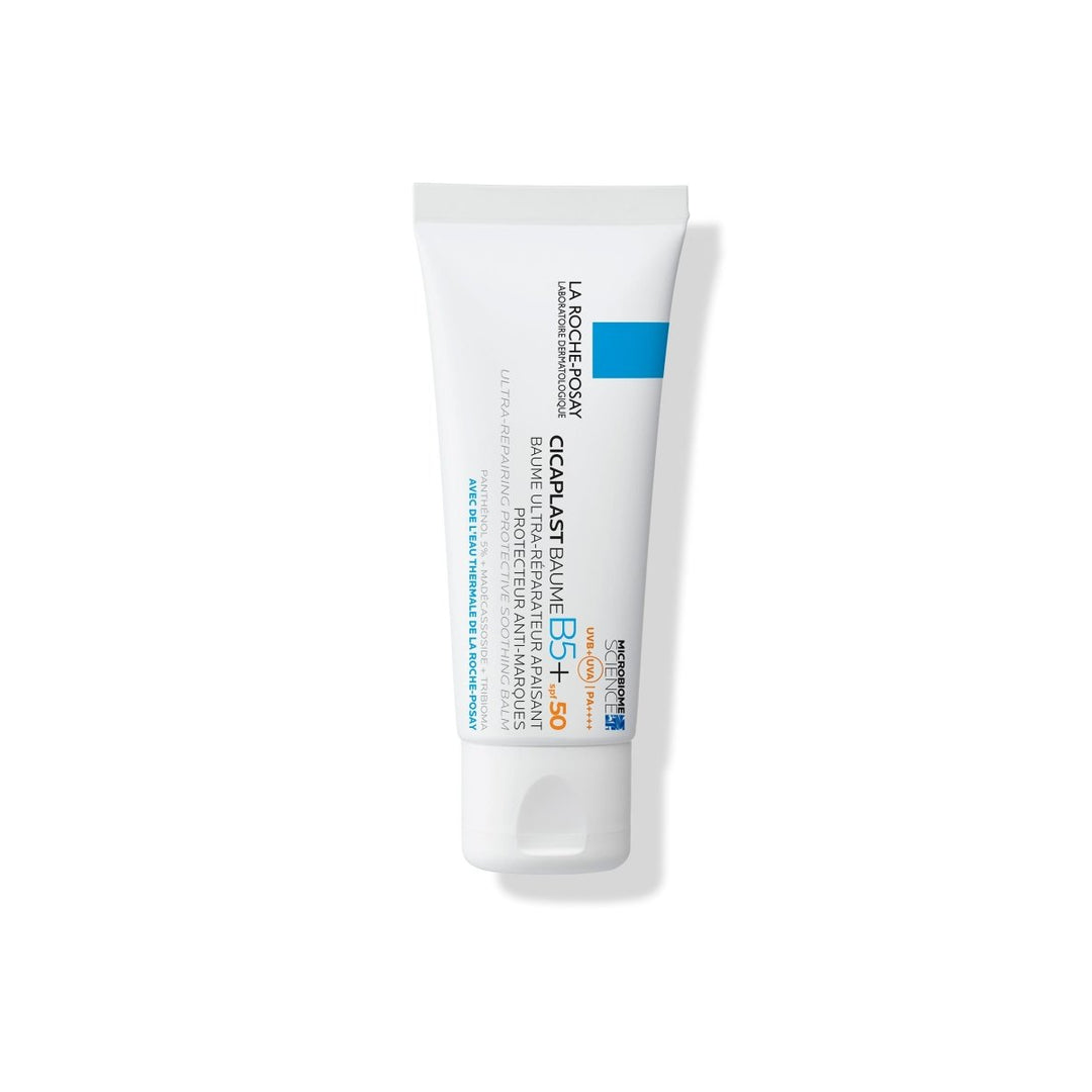 La Roche-Posay Cicaplast Baume B5+ SPF50 -voide 40 ml -tuotekuvaus, jossa näkyy tuotteen pakkaus ja SPF50-suojaus