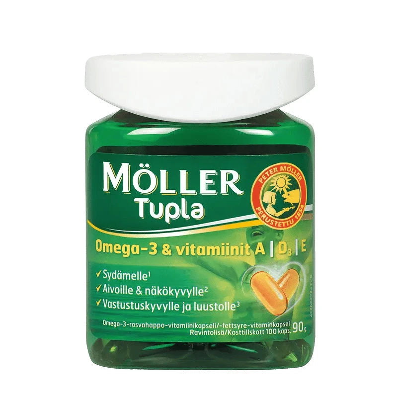Möller Tupla Omega-3 + A-, D- ja E-vitamiinit -tuote, joka sisältää monipuolisesti terveydelle hyödyllisiä ravinteita