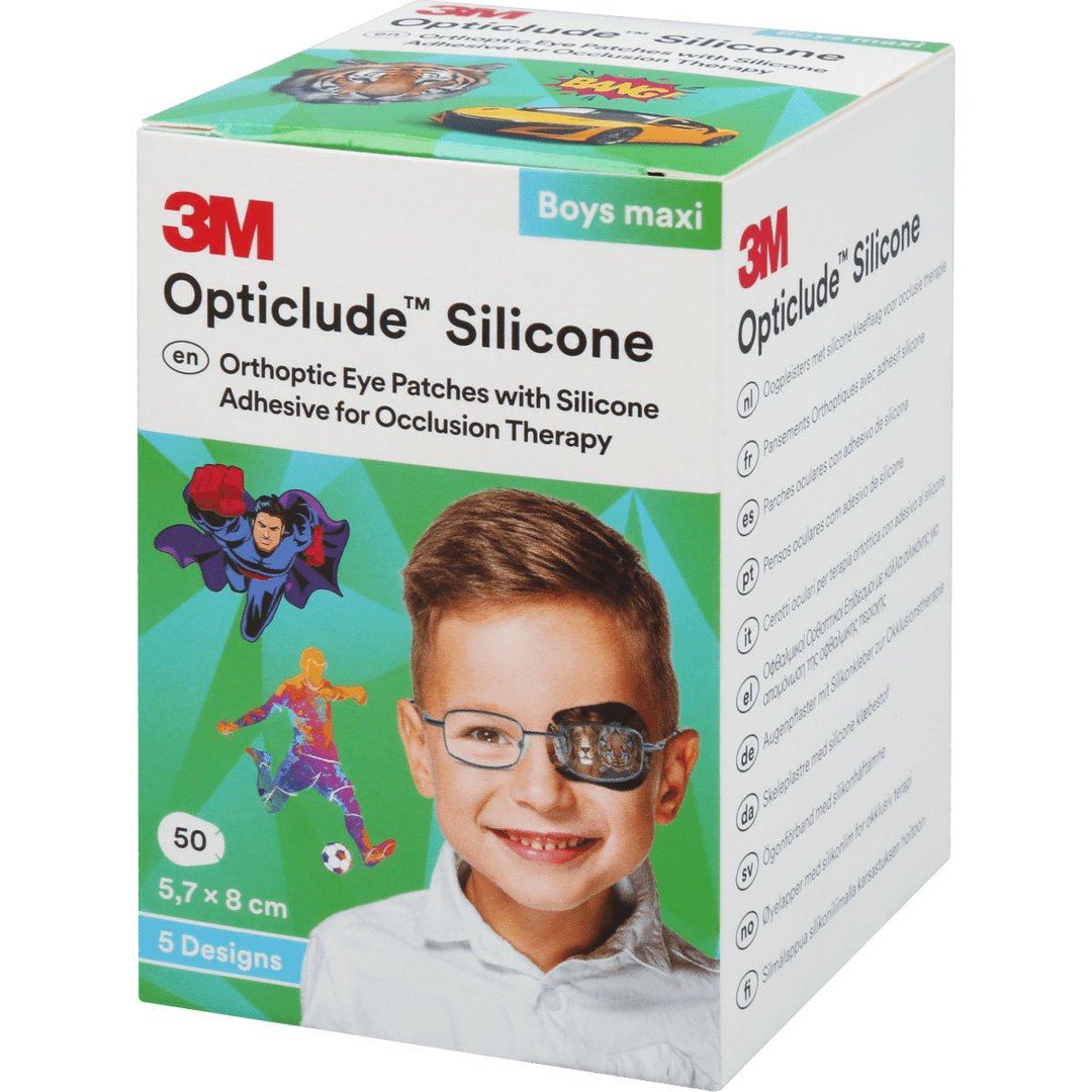 Opticlude Silicone Maxi - 50 kpl lajitelma pojille yli 6 vuotiaille, pitkäkestoista silikonigeeliä sisältävät silmälaput