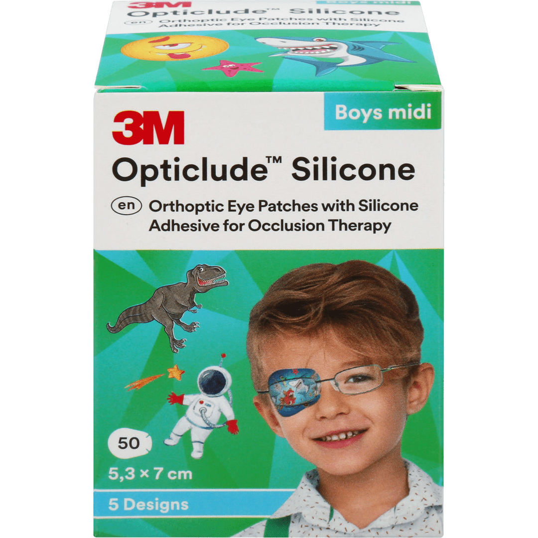 Opticlude Silicone Midi, 3-6 vuotiaille, 50 kpl lajitelma pojille - silikonilaastari, joka sopii 3-6 vuotiaille poikavauvoille