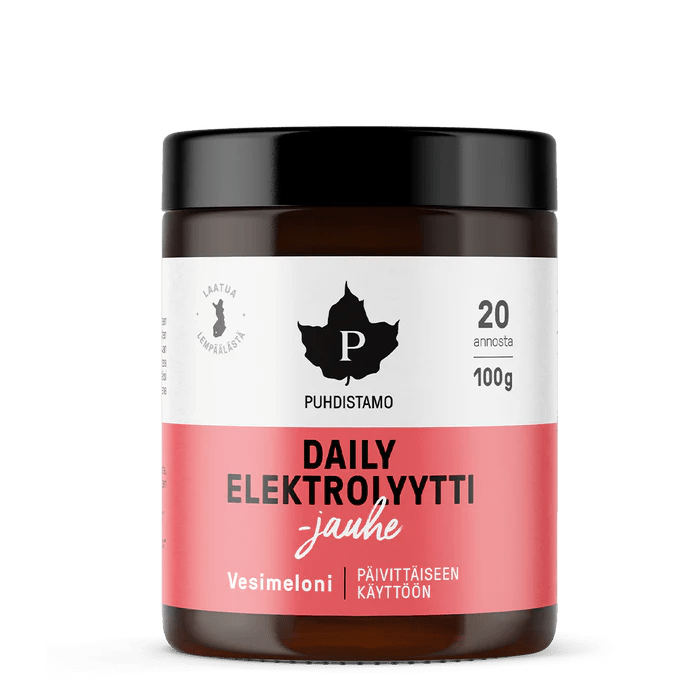 Puhdistamo Daily Elektrolyytti Vesimeloni 100 g -tuotteen kuva, jossa esitetään vesimelonin makuista päivittäistä elektrolyyttijauhetta