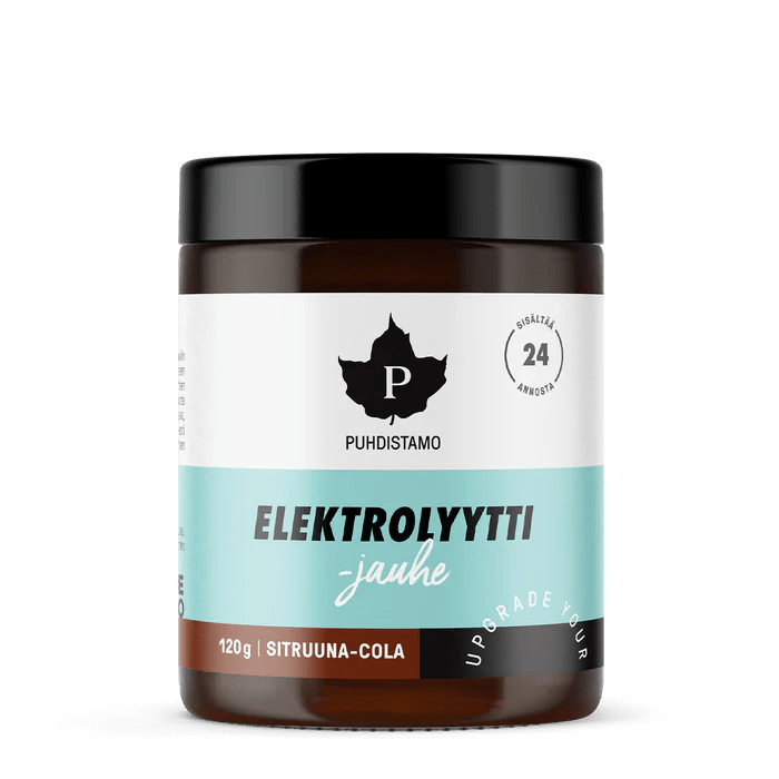 Puhdistamo Elektrolyyttijauhe Sitruuna-Cola 120 g -pakkauksen kuva, joka esittelee sitruunan ja colan makuisen elektrolyyttijauheen pakkauksen etikettiä