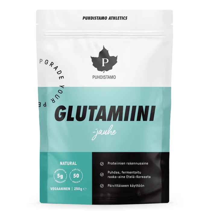 Puhdistamo Glutamiinijauhe 250 g - korkealaatuinen ravintolisä, joka tukee lihasten palautumista ja kestävyyttä treenin jälkeen