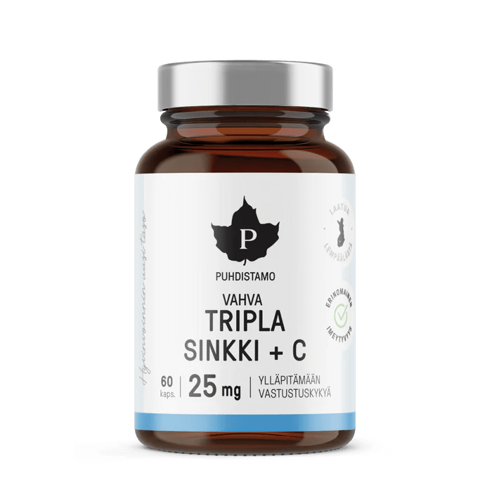 Puhdistamo Tripla Sinkki + C 25 mg -tuotetta esittelevä kuva