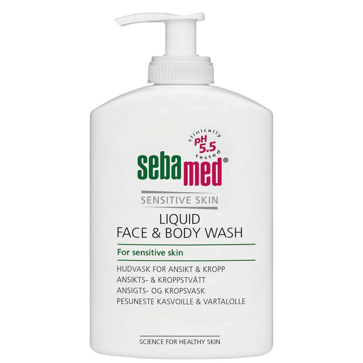 Kuva 1:Kuva näyttää pullon Sebamed Liquid Face & Body Wash -puhdistusainetta, joka on suunniteltu kasvojen ja kehon ihon hellävaraiseen pesuun