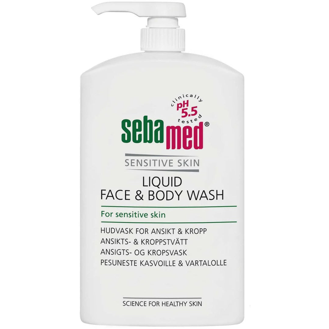 Kuva esittelee pehmeän ja tehokkaan Sebamed Liquid Face & Body Wash -pesunesteen, jossa on pH 5,5 ylläpitämään ihon luonnollista tasapainoa, sisältäen pantenolia ja allantoiinia ihon hoitamiseen