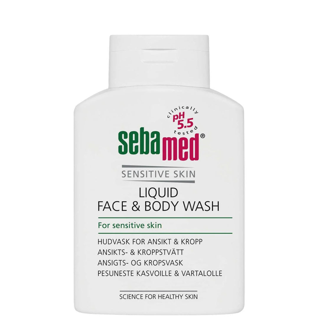 Kuva Sebamed Liquid Face & Body Wash pesuneste, joka puhdistaa tehokkaasti säilyttäen ihon luonnollisen pH-tason, sisältää pantenolia ja allantoiinia, ja sopii koko perheelle normaalille, herkälle ja ongelmaiholle