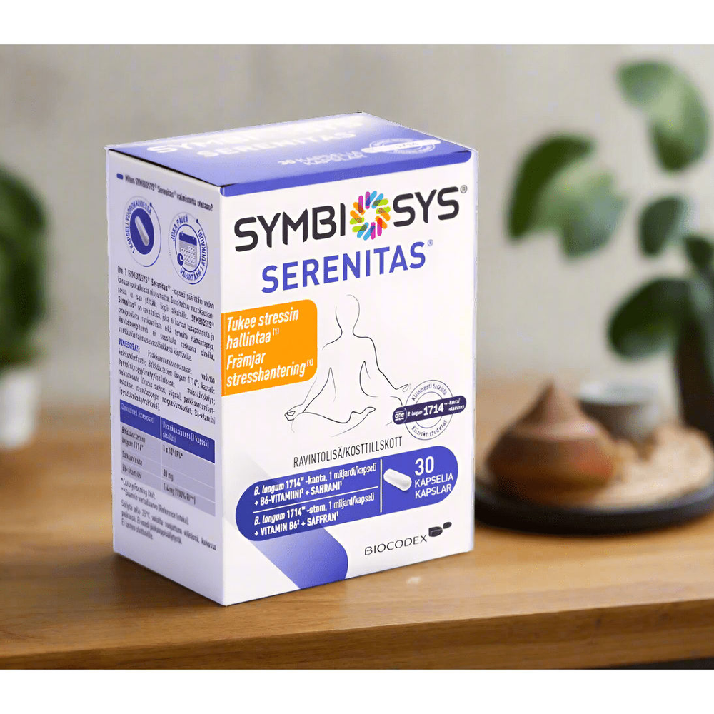  Symbiosys Serenitas -käyttötarkoitus: Uutuus Symbiosys® Serenitas® on kehitetty erityisesti stressinhallinnan ja mielen tasapainon tueksi, sisältäen sahramin ja B6-vitamiinin edistämään emotionaalista tasapainoa ja hermoston normaalia toimintaa