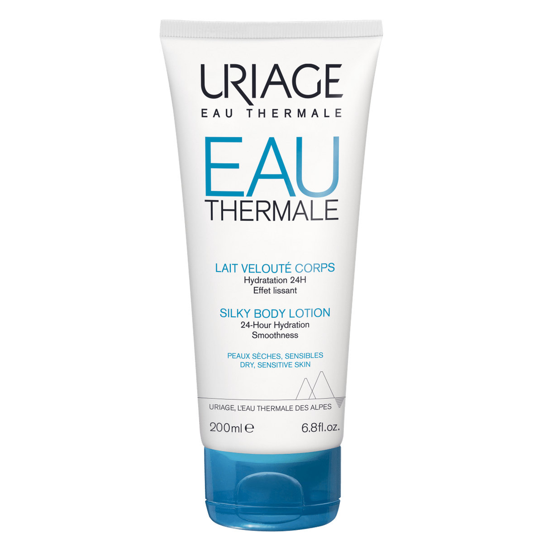 Uriage Eau Thermale Silky Body lotion 200 ml -kuvan kuvateksti: Kosteuttaa ja pehmentää ihoa, 200 ml:n kokoinen vartalovoide