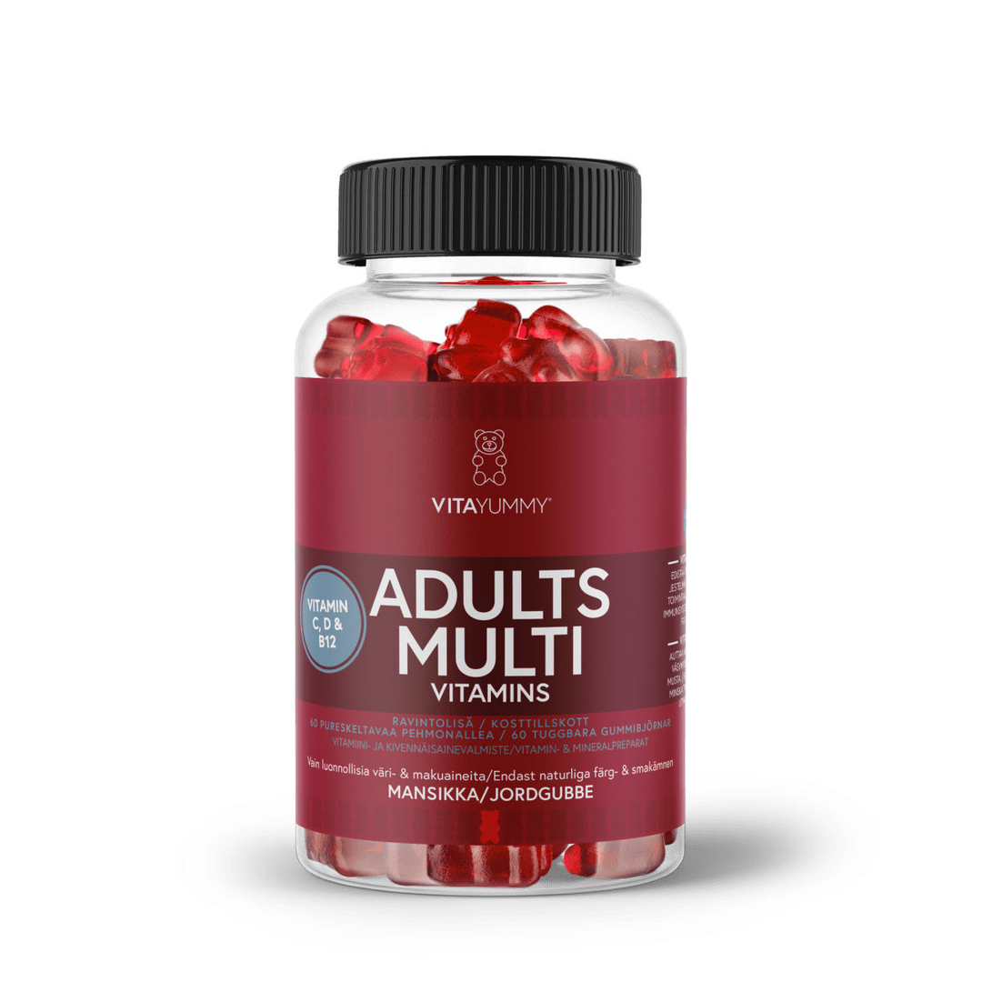 VitaYummy Adults Multi Strawberry 60 kpl, monivitamiini - monivitamiinivalmiste aikuisille, jossa on maistuva mansikan maku
