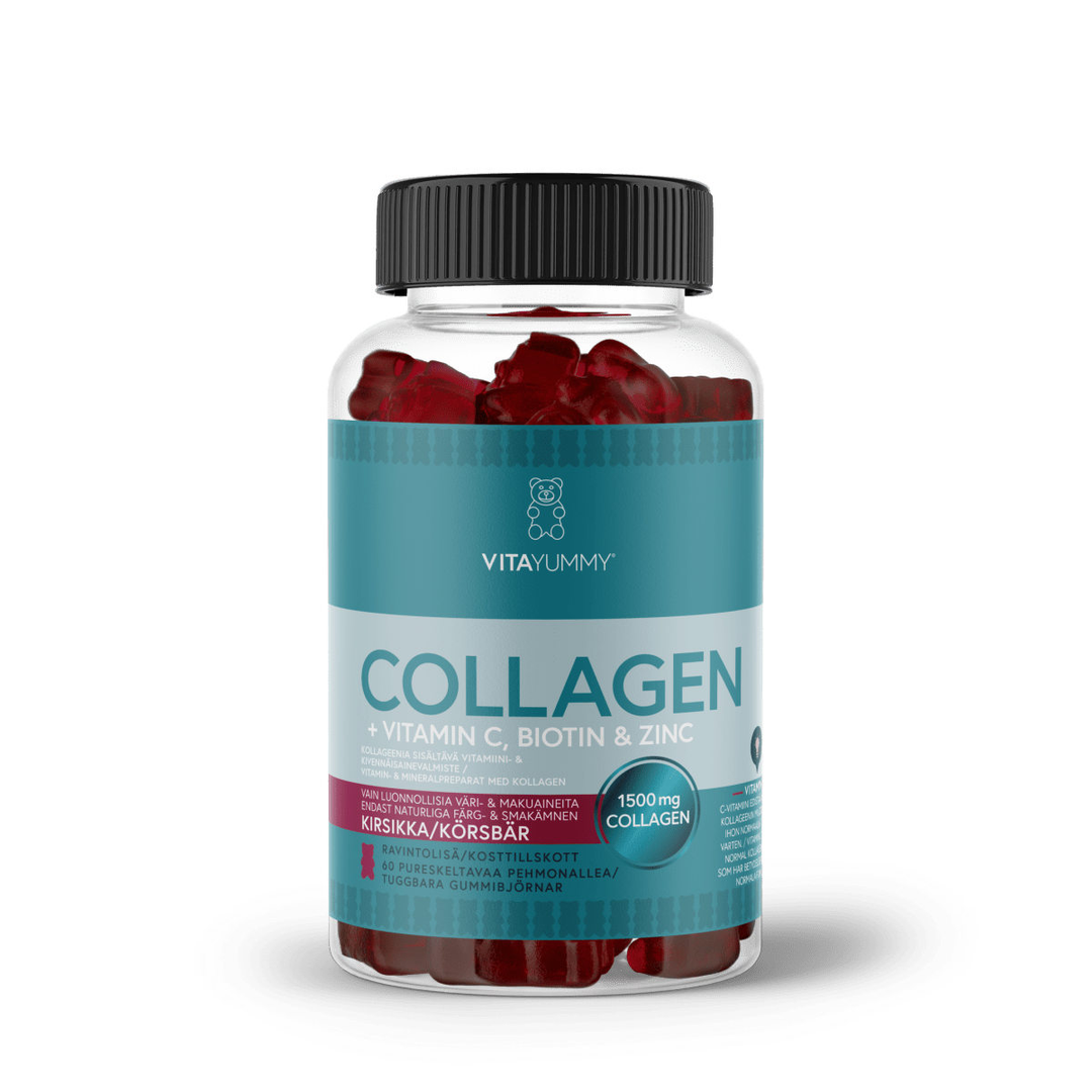 VitaYummy Collagen Cherry 60 kpl, kollageeni - luonnollinen kollageenivalmiste, joka sisältää 60 pureskeltavaa kirsikanmakuisia kollageenitablettia
