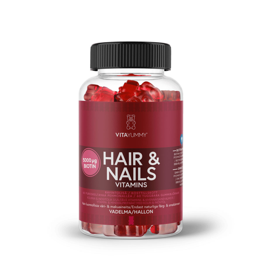 VitaYummy Hair & Nails Raspberry 60 kpl - Ravintolisä hiuksille ja kynsille, joka sisältää 60 purutablettia