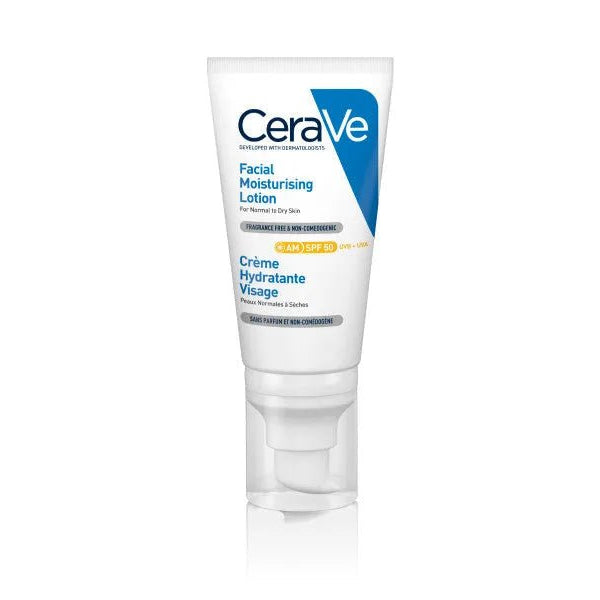 Cerave kasvovoiteen kosteuttava voide SPF50 suojakertoimella suojaa ihoa auringon haitallisilta säteiltä
