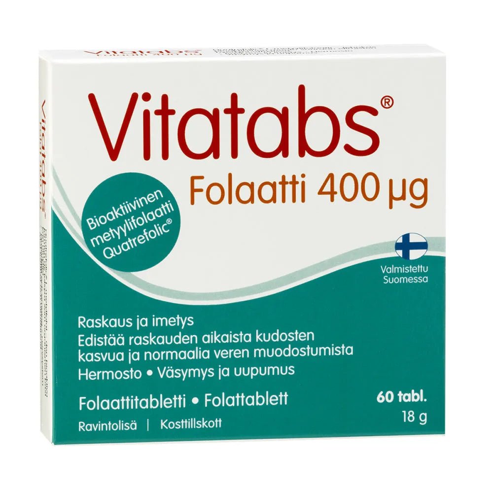 Vitatabs Folaatti 400 Mikrog -ravintolisä, sisältää 400 µg foolihappoa ja on parhaiten elimistön hyväksikäytettävissä oleva bioaktiivinen foolihapon muoto (L-metyylifolaatti)
